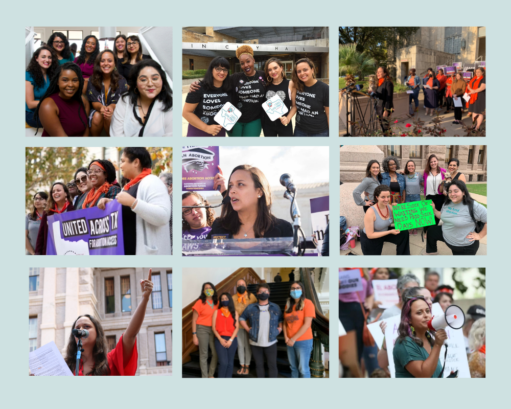 A collage of 9 photos featuring Amanda Beatriz Williams, including with the Lilith Fund team, speaking at rallies and press conferences at the Texas Capitol, Austin City Hall, Texas State Courthouse, and the steps of the Supreme Court.